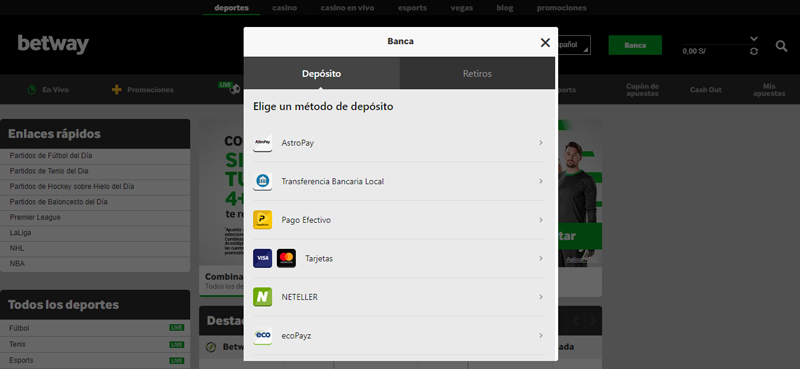 Betway Perú Métodos de pago
