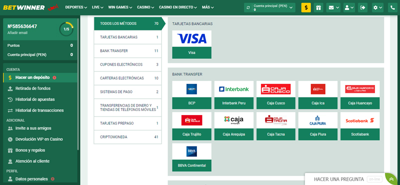 BetWinner Perú Métodos de pago