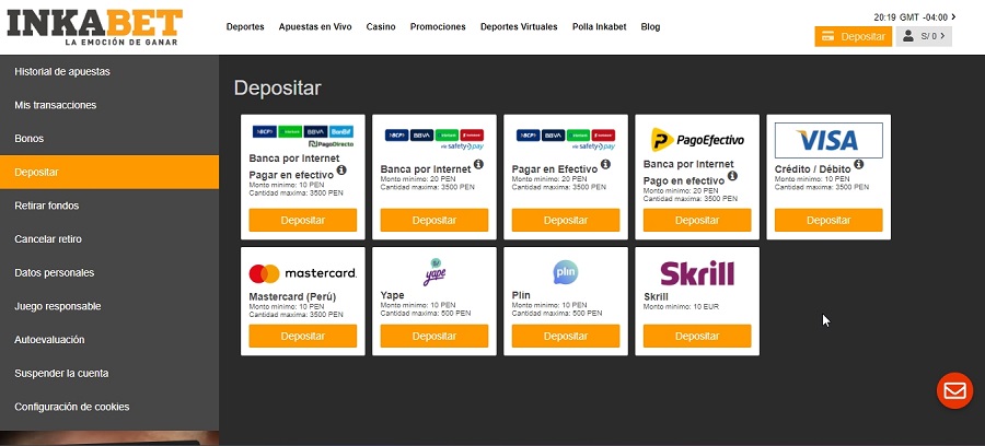 Depositar con Skrill en Inkabet