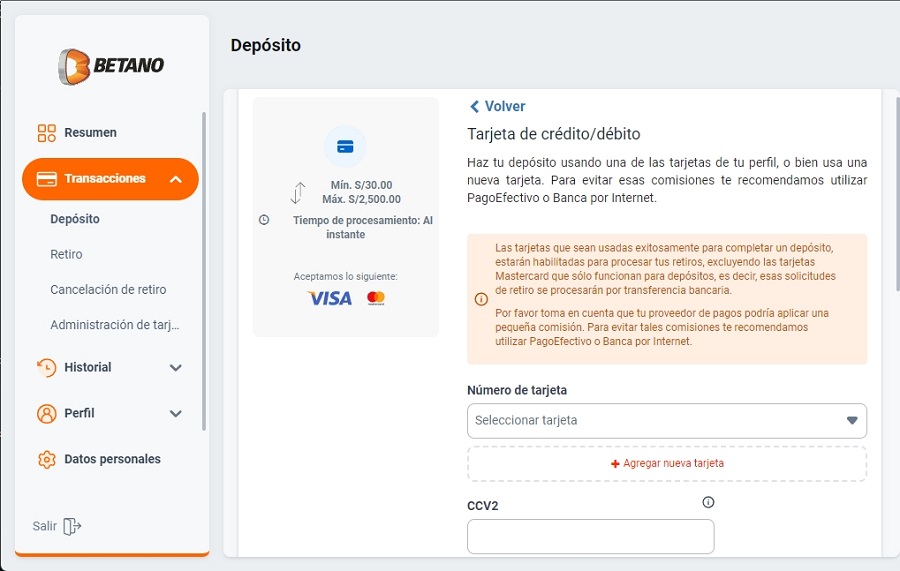 Depósito con tarjetas bancarias en Betano Perú